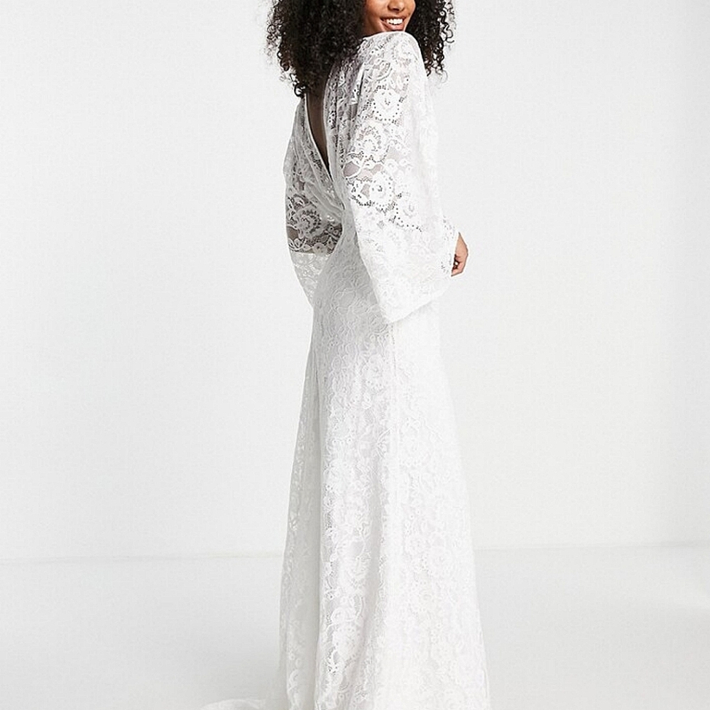 ASOS White Lace V-Neck Long Sleeve Bridal Gown